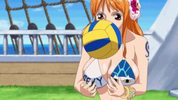  1girl aliasing animated animated_gif anime_screenshot ball breasts cleavage flower holding holding_ball large_breasts long_hair lowres nami_(one_piece) non-web_source one_piece one_piece_special:_episode_0 playing_sports volleyball volleyball_(object)  rating:Sensitive score:53 user:Kyuubi_Killer