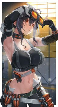 1girl absurdres arm_pouch armpits arms_up asymmetrical_gloves belt black_gloves black_hair black_pants black_sports_bra border breasts commentary crop_top fingerless_gloves fishnet_gloves fishnets gloves goggles goggles_on_head grace_howard grey_belt hair_up highres large_breasts light_particles midriff mismatched_gloves navel ninebell orange_eyes pants sidelocks single_fingerless_glove solo sports_bra stomach sweat white_border white_gloves zenless_zone_zero zipper_top rating:Sensitive score:66 user:danbooru
