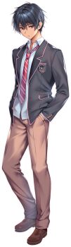  1boy black_hair black_jacket blush bow bowtie brown_eyes brown_pants brown_shoes chigami_hirokazu closed_mouth collared_shirt diagonal-striped_bow diagonal-striped_bowtie diagonal-striped_clothes full_body hair_between_eyes hands_in_pockets hanikami_kanojo jacket lapels loafers long_sleeves looking_at_viewer male_focus necktie notched_lapels official_art open_clothes open_jacket pants piromizu red_necktie school_uniform shirt shoes short_hair simple_background solo standing striped_bow striped_bowtie striped_clothes tachi-e transparent_background very_short_hair white_shirt wing_collar 