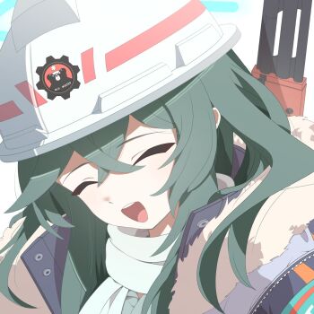 1girl ak-47 assault_rifle blue_archive blue_halo closed_eyes commentary_request fluffy_clothes green_hair gun halo helmet highres kalashnikov_rifle laughing long_hair messy_hair minori_(blue_archive) open_mouth red_winter_federal_academy_logo rifle scarf solo user_vnke7835 weapon white_background winter_clothes 