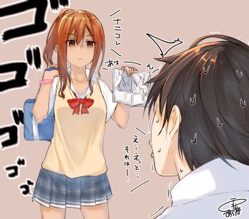  1boy 1girl ^^^ bag blue_skirt book bow bowtie brown_hair collared_shirt commentary_request empty_eyes hair_between_eyes holding holding_book long_hair looking_at_another open_book original parted_lips pink_background pleated_skirt pornography red_neckwear scared school_bag school_uniform shaded_face shijuuhatte shirt short_sleeves shoulder_bag signature simple_background skirt standing sweat nervous_sweating translation_request vest white_shirt yellow_vest yuki_arare 