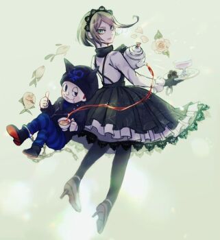  1boy 1girl :3 back-to-back beanie black_boots black_dress black_eyes black_gloves black_hairband black_hat black_jacket black_jumpsuit black_pantyhose blue_jumpsuit blush_stickers boots brown_hair buttons chain cigarette circle_skirt closed_mouth collared_jacket collared_shirt commentary_request criss-cross_back-straps crossed_legs cuffs cup danganronpa_(series) danganronpa_v3:_killing_harmony decantering delidelidelic dress drink drinking_glass eyelashes fake_horns fish floating floating_clothes floating_hair flower flying_fish frilled_dress frilled_sleeves frills full_body gloves green_eyes grey_background grey_hair grey_shoes hairband half-closed_eye happy hat height_difference helmet high_heels holding holding_cup holding_teapot holding_tray horned_helmet horns hoshi_ryoma jacket jumpsuit lace lace-trimmed_dress lace-trimmed_hairband lace_trim lapels leaf leather leather_jacket light_particles lipstick long_sleeves makeup medium_dress mouth_hold notched_lapels o-ring pantyhose petals pinafore_dress pink_lips piranha pleated_dress prison_clothes rose rose_petals shackles shirt shoes short_hair short_male single_ankle_cuff sleeveless sleeveless_dress sleeves_past_wrists smile stiletto_heels striped_jumpsuit sugar_cube tea teacup teapot tojo_kirumi tray two-tone_jumpsuit white_flower white_rose white_shirt 