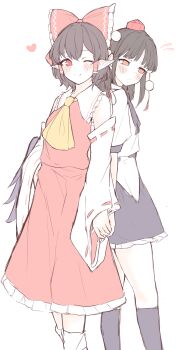  2girls ascot bird_wings black_hair black_skirt black_wings blush bow brown_hair closed_mouth commentary_request cosplay detached_sleeves frilled_bow frilled_hair_tubes frills hair_bow hair_tubes hakurei_reimu hakurei_reimu_(cosplay) hat heart highres holding_hands long_hair multiple_girls one_eye_closed pointy_ears pom_pom_(clothes) red_bow red_eyes red_hat red_skirt ribbon-trimmed_sleeves ribbon_trim seele_(chanseele0128) shameimaru_aya shameimaru_aya_(cosplay) shirt short_hair short_sleeves skirt skirt_set smile tokin_hat touhou white_shirt wings yellow_ascot yuri 