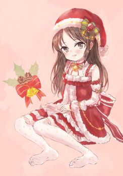  1girl bell brown_hair christmas commentary_request dress flat_chest full_body grey_eyes hat highres idolmaster idolmaster_cinderella_girls long_hair looking_at_viewer neck_bell santa_costume santa_dress santa_hat shin_fuj sitting smile solo tachibana_arisu thighhighs 