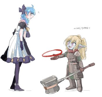  2girls :d ahoge armor bare_shoulders belt black_dress blonde_hair brown_belt brown_footwear brown_gloves dress drill_hair frilled_dress frills from_side gloves grey_dress gwen_(league_of_legends) hammer highres holding holding_hammer holding_weapon league_of_legends long_hair multiple_girls notice_lines open_mouth pantyhose pointy_ears poppy_(league_of_legends) shoes short_sleeves simple_background smile translation_request twin_drills twintails weapon xayahsona_27 yordle  rating:General score:9 user:danbooru