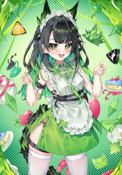  1girl ? absurdres alternate_costume apron arknights black_hair cake coffee commentary cup dress fangs food frilled_apron frilled_hairband frills green_dress green_eyes green_hair green_nails hairband highres hua-huahua long_hair mon3tr_(arknights) multicolored_hair open_mouth plate rhodes_island_logo_(arknights) solo symbol-only_commentary teeth thighhighs white_apron white_thighhighs 