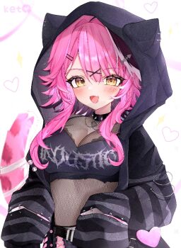  1girl animal_ear_hood artist_name blush breasts collar commentary english_commentary fake_animal_ears fang fish_skeleton_hair_ornament hair_ornament hairpin heart hololive hololive_english hood ketyuiqu long_hair multicolored_hair open_mouth panther_girl panther_tail pink_hair pink_tail raora_panthera safety_pin see-through_cleavage see-through_clothes skin_fang solo spiked_collar spikes streaked_hair striped_sleeves tail virtual_youtuber white_hair yellow_eyes 