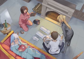  1boy 3girls :d absurdly_long_hair alcohol aqua_(konosuba) armor bare_shoulders barefoot bat_wings bent_over black_cat black_jacket black_pants black_pantyhose black_skirt blonde_hair blue_eyes blue_hair blue_pajamas blue_pants blue_shirt board_game bottle braid breastplate brick_wall brooch brown_hair cat chomusuke collared_shirt crown_braid cup curled_up darkness_(konosuba) drinking_glass egg excited fireplace firewood from_above go_(board_game) hair_ornament hair_undone highres holding holding_board_game holding_egg holding_pillow holding_tool ice ice_bucket indian_style indoors jacket jewelry kneeling kono_subarashii_sekai_ni_shukufuku_wo! leaning_forward living_room log long_hair long_sleeves looking_at_another looking_at_object looking_down lying megumin multiple_girls no_shoes off-shoulder_shirt off_shoulder on_back open_mouth pajamas pants pantyhose pencil_skirt pillow pink_pajamas pink_pants pink_shirt plate pocche-ex ponytail red_eyes repairing satou_kazuma scabbard sheath shirt short_hair short_hair_with_long_locks sidelocks sitting skirt sleeping smile standing table tile_floor tiles tongs tunic unworn_armor very_long_hair wainscoting white_shirt wine wine_bottle wings x_hair_ornament 
