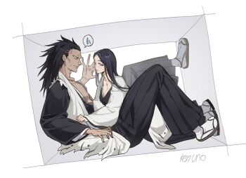  1boy 1girl anima_tion_1 black_hair black_hakama bleach bleach:_sennen_kessen-hen breasts cheekbones cleavage collarbone commentary_request cramped hakama haori highres japanese_clothes korean_commentary large_breasts long_hair pectorals sandals scar scar_on_chest signature socks spoken_sweatdrop sweatdrop taichou_haori unohana_retsu white_haori white_socks zaraki_kenpachi 