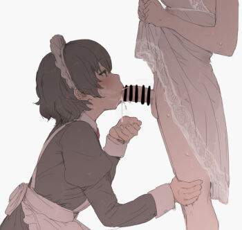 1futa 1girl :>= bar_censor black_hair blush censored clothes_lift cum cum_in_mouth cum_overflow cupping_hands dress dress_lift fellatio from_side futa_with_female futanari futanari-sama_(mdf_an) has_uncensored_version juliet_sleeves lifting_own_clothes long_sleeves maid maid_headdress mdf_an multiple_girls oral original own_hands_together penis puffy_sleeves short_hair short_hair_maid_(mdf_an) simple_background solo_focus testicles white_background yuri rating:Explicit score:591 user:danbooru