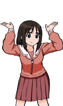  1girl absurdres arms_up azumanga_daiou black_hair blush cowboy_shot highres kasuga_ayumu long_sleeves looking_at_viewer matsum0t00 outstretched_arms pleated_skirt school_uniform skirt smile solo standing white_background 