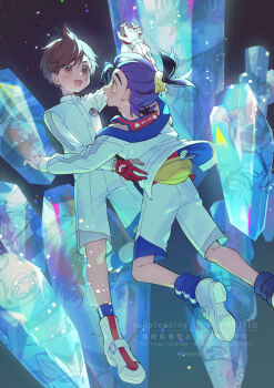  2boys bag black_hair blue_gemstone blue_socks blush brown_eyes brown_hair candy_apple carmine_(pokemon) commentary_request crying crying_with_eyes_open crystal drayton_(pokemon) florian_(pokemon) food gem gloves highres holding_hands jacket kieran_(pokemon) long_sleeves male_focus meno_oku mole mole_on_neck multiple_boys nintendo ogerpon open_clothes open_jacket open_mouth partially_fingerless_gloves pokemon pokemon_sv purple_hair red_gloves red_tank_top shoes shorts single_glove socks tank_top tears white_jacket white_shoes white_shorts yellow_bag yellow_eyes 