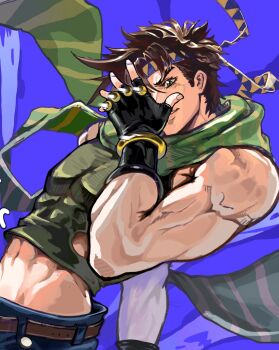  1boy abs bare_shoulders battle_tendency belt biceps black_gloves blue_pants bracelet brown_hair commentary crop_top denim english_commentary fingerless_gloves gloves green_eyes green_scarf green_shirt headband highres jeans jewelry jojo_no_kimyou_na_bouken jojo_pose joseph_joestar joseph_joestar_(young) looking_at_viewer male_focus midriff midriff_peek multicolored_scarf muscular muscular_male mw_01m narrow_waist pants pectorals scarf shirt short_hair sleeveless smile solo striped_clothes striped_scarf triangle_print yellow_headband 