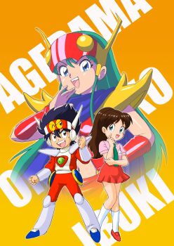  1boy 2girls agedaman aqua_hair armor black_hair blue_cape blue_eyes blue_shoes brown_hair cape character_name commentary_request elbow_rest genji_agedama genji_tsuushin_agedama green_necktie hair_between_eyes hand_on_own_elbow hand_on_own_face hand_up heike_ibuki helmet highres kuki_rei long_hair miniskirt mizutani_kenta multiple_girls necktie ojou-sama_pose on'yomiko open_mouth pants pink_shirt pleated_skirt ponytail red_pants red_shirt red_shoes red_skirt school_uniform shirt shoes shoulder_armor skirt smile socks standing suspenders teeth upper_teeth_only white_socks yellow_background 