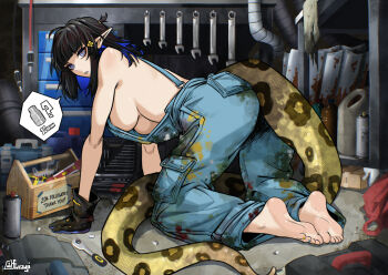  1girl all_fours arknights barefoot black_gloves black_hair blue_overalls breasts commentary english_commentary eunectes_(arknights) flower full_body furauji gloves hair_flower hair_ornament large_breasts nail_polish no_bra overalls paint_on_clothes pointy_ears snake_tail solo spoken_object tail toenail_polish toenails toolbox wrench  rating:Questionable score:8 user:danbooru
