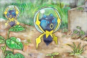  animal_focus bubble bug commentary_request dewpider full_body gen_7_pokemon leaf nintendo no_humans open_mouth outdoors pokemon pokemon_(creature) pokemon_focus rain wanitack water_drop 