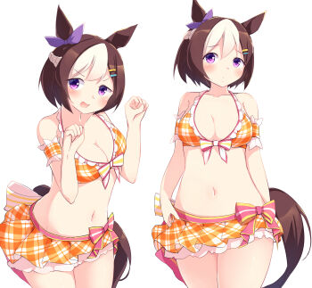  1girl absurdres animal_ears bare_shoulders bikini bikini_skirt blush breasts brown_hair cleavage collarbone commentary_request frilled_bikini frills hair_ornament hairclip highres horse_ears horse_girl horse_tail kanzakietc large_breasts looking_at_viewer multicolored_hair multiple_views navel official_alternate_costume open_mouth orange_bikini plaid_bikini plaid_clothes purple_eyes short_hair simple_background smile special_week_(hopp'n_happy_heart)_(umamusume) special_week_(umamusume) stomach swimsuit tail umamusume white_background white_hair 