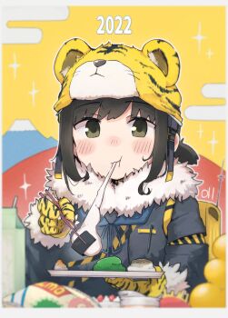  1girl 2022 absurdres animal_hat animal_print black_hair black_jacket blush chinese_zodiac chopsticks closed_mouth commentary eating food fubuki_(kancolle) fur-trimmed_jacket fur_trim gloves green_eyes hair_between_eyes hat highres holding holding_chopsticks jacket kantai_collection long_sleeves ma_rukan mochi mochi_trail ponytail short_hair short_ponytail signature smile solo sparkle tiger_hat tiger_print year_of_the_tiger yellow_gloves yellow_hat 