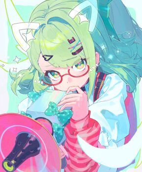  1girl absurdres bow commentary covered_mouth drawn_ears glasses green_bow green_eyes green_hair hair_ornament hairclip highres holding holding_megaphone long_hair looking_at_viewer megaphone miaooon red-framed_eyewear semi-rimless_eyewear shirt solo striped_clothes sunna_(zenless_zone_zero) untranslatable_commentary upper_body variant_set white_shirt zenless_zone_zero 