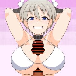  1girl animal_ears animated armpits arms_behind_head arms_up bare_shoulders belt_collar bikini blue_eyes breasts censored cleavage collar cow_ears cow_horns fake_animal_ears fake_horns gradient_background grey_hair grin hair_between_eyes halterneck handsfree_paizuri hetero horns large_breasts looking_at_viewer paizuri paizuri_under_clothes penis pink_background pixel_art pointless_censoring pov short_hair simple_background smile string_bikini swimsuit tagme ugoira underboob upper_body uramomo uzaki-chan_wa_asobitai! uzaki_hana video white_bikini  rating:Explicit score:85 user:Cubone44