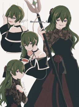  1girl bare_shoulders black_dress black_jacket breasts cleavage closed_mouth cowboy_shot cropped_torso cup dress dress_flower flower green_hair hair_between_eyes hair_flower hair_ornament hair_ribbon half_updo halter_dress halterneck hands_on_own_chest highres holding holding_cup holding_staff jacket lace lace_sleeves long_hair medium_breasts multiple_views noichigo_f off-shoulder_jacket off_shoulder official_alternate_costume own_hands_together parted_lips purple_eyes ribbon side_ponytail smile solo sousou_no_frieren staff twitter_username ubel_(sousou_no_frieren) upper_body white_trim 