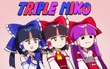  3girls ascot blue_bow blue_vest bow brown_hair cellphone clover_(clover11_40) commentary detached_sleeves flip_phone frilled_bow frilled_hair_tubes frills gohei hair_bow hair_tubes hakurei_reimu hakurei_reimu_(pc-98) highres japanese_clothes kimono long_hair long_sleeves miko multiple_girls multiple_persona nontraditional_miko official_alternate_color open_mouth phone purple_hair red_bow red_skirt ribbon ribbon-trimmed_sleeves ribbon_trim short_hair skirt skirt_set smile touhou touhou_(pc-98) triple_baka_(vocaloid) vest wide_sleeves yellow_ascot 