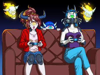 1girl 3girls :o aqua_eyes blue_hair blue_pants blue_shorts breasts cacodemon chain chain_necklace cleavage closed_mouth commentary commentary_request controller couch crossed_legs cyclops dark demon demon_girl demon_horns denim denim_shorts doom_(series) doom_64 doom_ii english_commentary extra_mouth feet_out_of_frame fire flaming_skull floating_skull flower game_controller glowing glowing_eye gradient_background green_eyes hair_flower hair_ornament highres holding holding_controller holding_game_controller horns jacket jewelry long_hair long_sleeves lost_soul_(doom) medium_breasts multiple_girls necklace one-eyed open_clothes open_jacket open_mouth pain_elemental pants peeking_out personification pink_shirt playing_games playing_video_games ponytail purple_shirt red_hair red_jacket scales sharp_teeth shirt shorts simple_background sitting skull sleeveless sleeveless_shirt spikes striped_clothes striped_shirt substance20 sweatdrop teeth very_long_hair yellow_eyes yellow_shirt