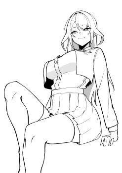  1girl absurdres arm_support breasts closed_mouth commentary cowboy_shot english_commentary greyscale heart heart-shaped_pupils highres jacket knee_up large_breasts lineart long_hair long_sleeves looking_at_viewer miniskirt mirui09 monochrome original parted_bangs shirt simple_background sitting skirt smile solo symbol-shaped_pupils thighhighs white_background 