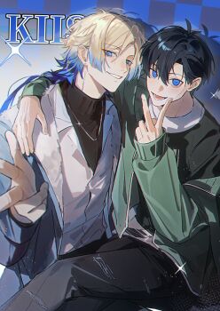 2boys arm_around_shoulder black_hair black_pants blonde_hair blue_eyes blue_hair blue_lock commentary earrings green_jacket highres isagi_yoichi jacket jewelry looking_at_viewer male_focus michael_kaiser multiple_boys necklace pants pcal_pcal ship_name short_hair short_hair_with_long_locks sitting sitting_on_lap sitting_on_person sitting_sideways sweater turtleneck turtleneck_sweater unzipped v white_jacket 