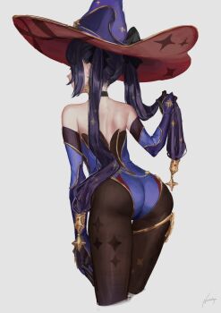 1girl ass bare_shoulders black_choker blue_hat choker earrings from_behind genshin_impact grey_background hat highres holding holding_own_hair jewelry long_hair mona_(genshin_impact) nashidrop pantyhose purple_hair signature simple_background solo twintails witch_hat rating:Sensitive score:113 user:danbooru