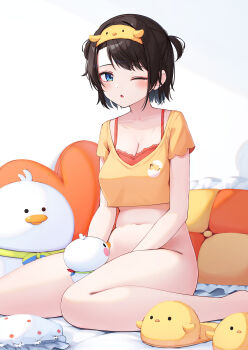  1girl ;o absurdres between_legs black_hair blue_eyes bottomless bra bra_peek breasts cleavage commentary commentary_request cropped_shirt english_commentary hand_between_legs headband heart heart-shaped_pillow highres hololive indoors large_breasts looking_at_viewer loungewear mixed-language_commentary navel nyan_(reinyan_007) official_alternate_costume official_alternate_hairstyle one_eye_closed oozora_subaru oozora_subaru_(loungewear) orange_bra paid_reward_available pillow shirt short_hair short_sleeves shorts sitting slippers solo stomach subatomo_(big) subatomo_(small) swept_bangs t-shirt two_side_up underwear unworn_shorts unworn_slippers virtual_youtuber wariza yellow_headband yellow_shirt 