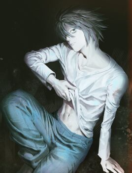  1boy abs absurdres arm_support arm_up black_eyes black_hair blue_pants clothes_lift collarbone crew_neck death_note denim hashtag-only_commentary highres jeans l_(death_note) long_sleeves looking_to_the_side male_focus navel on_ho10 pants shirt_lift short_hair sideways_glance solo toned toned_male 