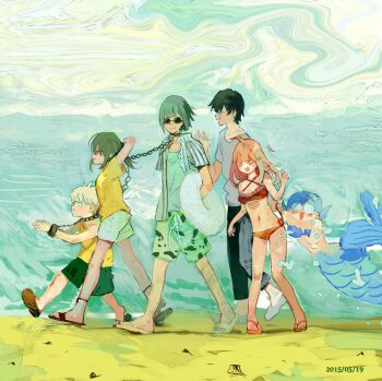  2girls 4boys ^^^ ahoge animal_collar anklet arms_behind_back arms_behind_head bare_arms bare_shoulders bikini black_hair black_pants blue_bikini blue_hair blue_tail blush_stickers breasts brown_sandals chain chain_leash character_request cleavage closed_mouth collar collared_shirt copyright_request criss-cross_halter cuffs dated day fins fish_tail flip-flops from_side frown glasses green_hair green_male_swimwear green_tank_top grey_shirt hair_ornament hairclip halterneck height_difference high_collar highres holding holding_leash jewelry leaf_print leash loafers male_swimwear medium_hair mermaid monster_girl multiple_boys multiple_girls nengo ocean opaque_glasses open_clothes open_shirt orange_sandals outdoors pants pointy_nose ponytail print_male_swimwear red_bikini round_eyewear sandals shackles shadow shell shell_bikini shirt shoes shore short_male short_ponytail short_sleeves sleeveless sleeveless_shirt splashing striped_clothes striped_shirt sunglasses swimsuit t-shirt tail tank_top toes vertical-striped_clothes vertical-striped_shirt walking water_drop white_hair white_sandals white_shirt white_shoes yellow_shirt 