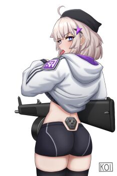 1girl aa-12_(girls'_frontline) ahoge artist_name ass blue_eyes from_behind girls'_frontline grey_hair gun hat hood hood_down hoodie keionspiral looking_at_viewer looking_back open_mouth short_hair short_shorts shorts shotgun solo thick_thighs thighhighs thighs tongue tongue_out weapon