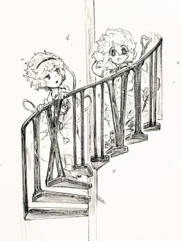  2girls :o arm_up blouse boots commentary_request frilled_shirt_collar frilled_sleeves frills full_body graphite_(medium) greyscale hair_between_eyes hair_ornament hairband hand_in_own_hair heart heart_hair_ornament heart_of_string komeiji_koishi komeiji_satori long_sleeves looking_at_another looking_at_viewer menotama monochrome multiple_girls no_headwear open_mouth railing roman_numeral shirt short_hair siblings sisters skirt sleeves_past_fingers sleeves_past_wrists slippers spiral_staircase stairs third_eye touhou touhou_18th_popularity_poll traditional_media wide_sleeves 