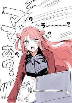  1girl ? ^^^ black_shirt blue_eyes blush breasts collared_shirt commentary_request computer dress_shirt erako9 highres jacket laptop large_breasts long_hair love_live! love_live!_nijigasaki_high_school_idol_club love_live!_nijigasaki_high_school_idol_club_the_movie_-_finale nervous_sweating nijigasaki_school_uniform open_clothes open_jacket open_mouth pink_hair red_jacket school_uniform shirt solo sweat two_side_up zhong_lanzhu 