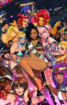  6+girls absurdres battle_circuit bikini blonde_hair bouquet breasts brown_hair capcom cleavage company_connection crossover dark-skinned_female dark_skin darkstalkers drill_hair eye_mask felicia_(darkstalkers) final_fight fireworks floating flower genryuusai_maki highres holding holding_bouquet june_lin_milliam justice_gakuen kanzuki_karin kimberly_jackson large_breasts laura_matsuda lilith_(darkstalkers) manon_legrand marisa_(street_fighter) mask menat morrigan_aensland multiple_crossover multiple_girls night pink_hair power_stone q-bee rainbow_mika red_hair redgray21st rose_(street_fighter) rouge_(power_stone) sash smile star_gladiator sticker sticker_on_face street_fighter street_fighter_6 street_fighter_iii_(series) street_fighter_v street_fighter_zero_(series) swimsuit tiffany_lords wrestling_mask yamato_nadeshiko_(street_fighter) yellow_beast 