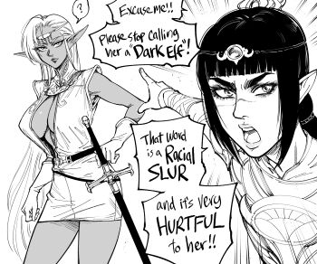  2girls ? absurdres baldur's_gate baldur's_gate_3 bb_(baalbuddy) blunt_bangs braid breasts center_opening circlet cleavage commentary crossover dark-skinned_female dark_elf dark_skin dress dungeons_&_dragons dungeons_&amp;_dragons elf english_commentary english_text gloves highres large_breasts long_hair looking_at_viewer monochrome multiple_girls no_bra pirotess pointing pointing_at_another pointy_ears record_of_lodoss_war scar scar_on_face scar_on_nose shadowheart_(baldur's_gate) sheath sheathed short_dress shouting single_braid species_connection speech_bubble spoken_question_mark sword very_long_hair weapon 