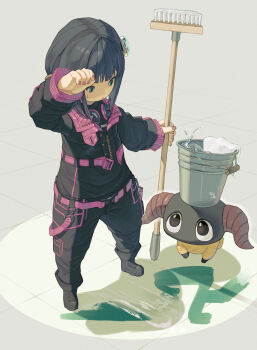  1girl bimel_isabella black_hair blunt_bangs broom bucket cleaning_brush final_fantasy final_fantasy_xiv green_eyes headphones headphones_around_neck highres holding holding_broom lalafell short_hair solo standing sugar_riot yan_(final_fantasy) 