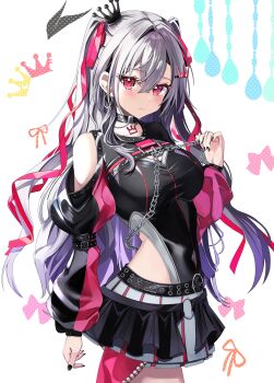  1girl absurdres belt black_belt black_nails breasts chain clothing_cutout crown earrings grey_hair hashtag-only_commentary highres hololive hololive_dev_is hoop_earrings isaki_riona isaki_riona_(flowglow_uniform) jewelry long_hair medium_breasts mini_crown miniskirt oie_e21 red_eyes side_cutout skirt virtual_youtuber 