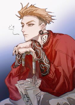  1boy arm_tattoo blonde_hair closed_mouth closed_umbrella earrings elbow_on_leg enjin_(gachiakuta) gachiakuta grey_pants hands_under_chin hashtag-only_commentary highres jewelry maggot83682214 male_focus neck_tattoo pants red_shirt shirt sitting solo tattoo umbrella undercut yellow_eyes 