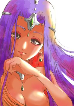  1girl asymmetrical_dress breasts circlet cleavage commentary_request daifuku1092 dark-skinned_female dark_skin dragon_quest dragon_quest_iv dress eyeliner eyeshadow fingernails forehead_jewel gem green_gem hand_to_own_mouth highres large_breasts lipstick long_fingernails long_hair looking_at_viewer makeup minea_(dq4) multicolored_eyes nail_polish orange_dress pink_eyeliner pink_eyeshadow pink_lips purple_eyes purple_hair red_nails silver_circlet single_bare_shoulder single_sleeve smile solo upper_body 