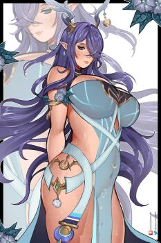  1girl absurdres antlers blue_eyes blue_hair breasts deer_antlers earrings genshin_impact hair_over_one_eye highres horns huge_breasts impossible_clothes jewelry koro_draws lauma_(genshin_impact) long_hair long_pointy_ears looking_at_viewer one_eye_covered pointy_ears solo very_long_hair white_background 