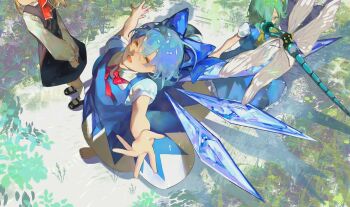  3girls absurdres ascot barefoot black_dress blonde_hair blue_bow blue_dress blue_hair bow bug cirno closed_eyes commentary daiyousei detached_wings dragonfly dress facing_up fairy_wings faux_traditional_media from_above green_hair hair_bow highres ice ice_wings insect mary_janes multiple_girls open_mouth outdoors outstretched_arms painterly pinafore_dress puffy_short_sleeves puffy_sleeves ribbon rumia shirt shoes short_hair short_sleeves shru_(ss_sl99) sleeveless sleeveless_dress smile standing touhou untranslatable_commentary vest white_shirt wings 