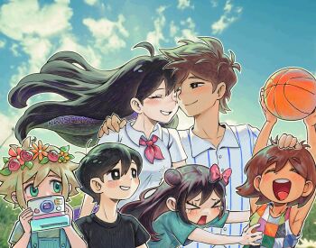  >_< 2girls 4boys aged_down ahoge alternate_costume antenna_hair arms_up artist_name aubrey_(faraway)_(omori) aubrey_(omori) ball basil_(faraway)_(omori) basil_(omori) basketball_(object) black_eyes black_hair black_shirt blonde_hair blue_eyes blue_overalls blue_shirt blue_sky blush bow bright_pupils brother_and_sister brothers brown_hair camera checkered_clothes closed_eyes cloud collarbone collared_pajamas collared_shirt commentary dark-skinned_male dark_skin day double-parted_bangs english_commentary flower flower_wreath green_shirt hair_between_eyes hair_bow hand_on_another's_head head_wreath hero_(faraway)_(omori) hero_(omori) highres holding holding_ball holding_camera kel_(faraway)_(omori) kel_(omori) kwistinya long_hair long_sleeves looking_at_another mari_(faraway)_(omori) mari_(omori) multiple_boys multiple_girls neckerchief omori one_eye_closed open_mouth outdoors overalls pajamas pink_bow red_neckerchief shirt short_hair short_sleeves siblings sidelocks sky smile striped_clothes striped_pajamas sunny_(omori) t-shirt tank_top teeth tongue upper_teeth_only vertical-striped_clothes vertical-striped_pajamas white_pajamas white_pupils white_shirt 