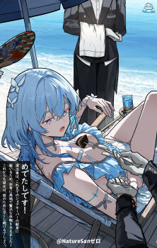  2girls 3others absurdres adapted_costume armlet artist_name beach_chair blue_hair butler commentary dual_persona highres jewelry long_hair multiple_girls multiple_others no_veil ocean open_mouth purple_eyes ryeon_(naturesan) shore shorekeeper_(wuthering_waves) swimsuit turning_head wuthering_waves 