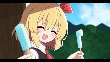  1girl ascot blonde_hair blurry blurry_background bow closed_eyes collared_shirt commentary_request day double_popsicle facing_viewer fang frilled_shirt_collar frills hair_bow highres letterboxed open_mouth outdoors rumia shirt short_hair skin_fang sky smile solo takapi_3 touhou unequal_popsicle_division 