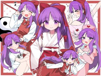  >_< 1girl absurdres alternate_costume between_fingers blush bow bowtie buruma closed_eyes closed_mouth collared_shirt commentary cosplay dress gohei gym_shirt gym_shorts gym_uniform hair_bow hair_tubes hakama hakama_pants hakurei_reimu hakurei_reimu_(pc-98) hat hayazaka_nozomi hayazaka_nozomi_(cosplay) heart heart_print highres holding holding_gohei holding_ofuda holding_syringe japanese_clothes kimono long_hair long_sleeves looking_at_viewer lotus_land_story miko multiple_views nontraditional_miko nurse nurse_cap official_alternate_costume ofuda ofuda_between_fingers open_mouth orb pants pink_hat pink_shirt plaid_clothes plaid_dress print_hat purple_eyes purple_hair red_bow red_bowtie red_hakama ribbon ribbon-trimmed_clothes ribbon-trimmed_sleeves ribbon_trim rup_salad rupupu_cube rupupu_cube_(cosplay) shirt short_sleeves shorts skirt smile soooooook2 syringe teke_teke_my_heart touhou touhou_(pc-98) turtle very_long_hair white_shirt wide_sleeves yawning yin_yang yin_yang_orb yoshizawa_yumimi yoshizawa_yumimi_(cosplay) yumimi_mix 