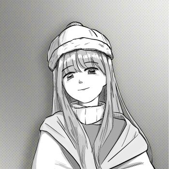  1girl beanie blunt_bangs chinese_commentary closed_mouth commentary_request fur-trimmed_headwear fur_trim grey_background halftone halftone_background happy hat highres infinity_nikki jacket lips long_hair long_sidelocks long_sleeves looking_at_viewer nikki_(nikki) nikki_(series) pom_pom_(clothes) pom_pom_beanie puffy_long_sleeves puffy_sleeves scarf shadow shirt sidelocks smile solo upper_body very_long_hair w469826925 