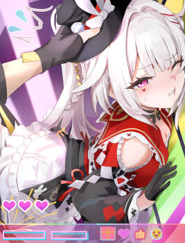  1boy 1girl against_wall black_gloves breasts caelus_(honkai:_star_rail) capelet cleavage clenched_teeth commentary_request emoji fingerless_gloves gloves hand_on_headwear heart hetero highres honkai:_star_rail honkai_(series) long_hair medium_breasts one_eye_closed purple_eyes red_capelet sex sex_from_behind skirt sparkle_(honkai:_star_rail) sparxie_(honkai:_star_rail) teeth tomas_(kaosu22) trailblazer_(honkai:_star_rail) twintails very_long_hair white_hair white_skirt 